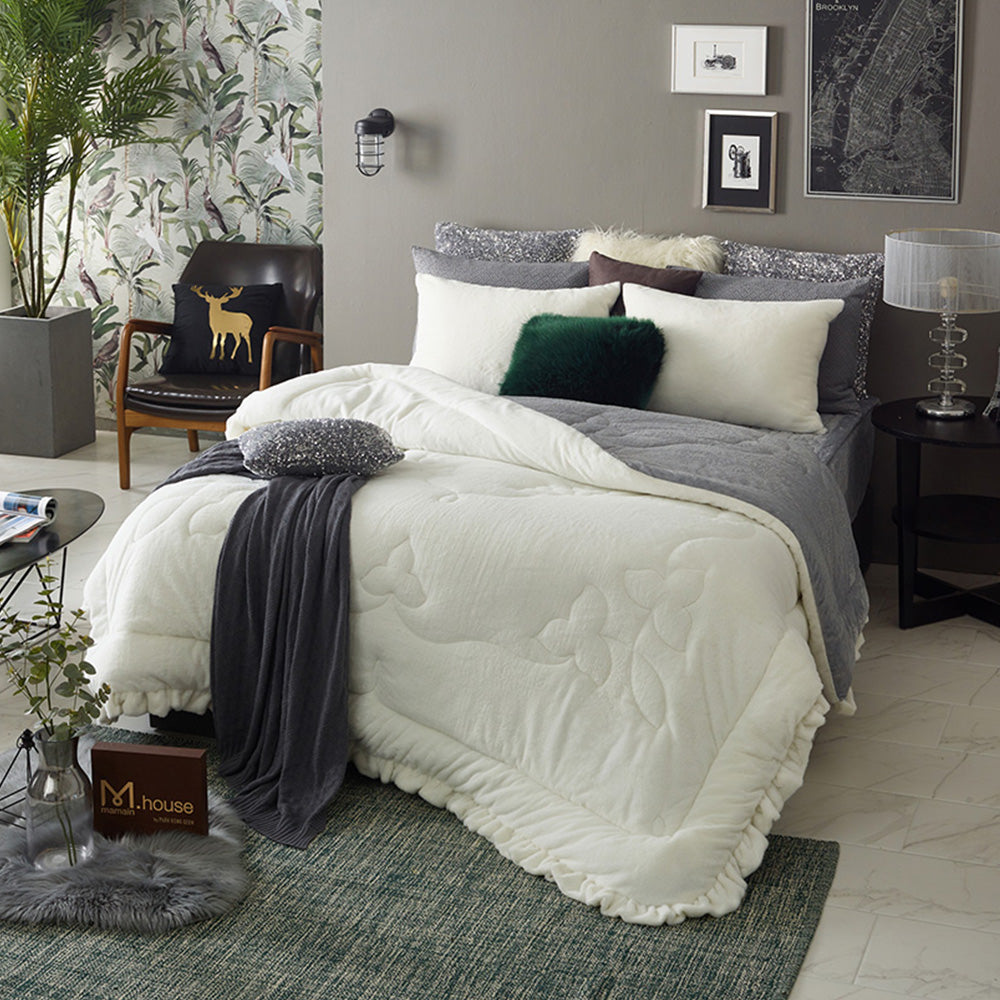 Premium Real Fur Touch Micromink Comforter Set_Ivory