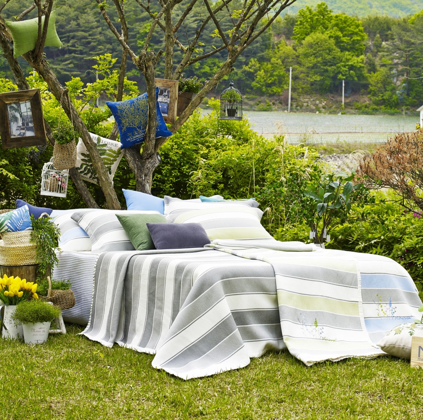 Super COOL 100% Korean Art Silk Blanket set_Green&Grey